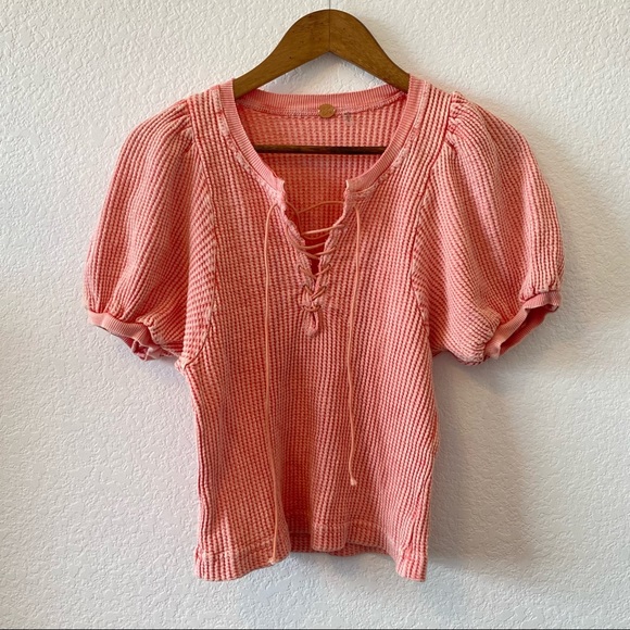 Free People Hayden Waffle Ribbed Puff Sleeve Shirt Lace Up Thermal Pink XS - Picture 2 of 7